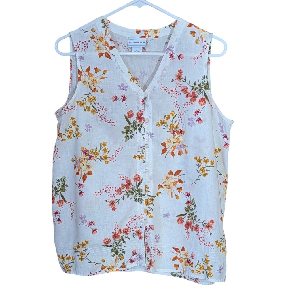 Liz Claiborne Sleeveless Blouse Linen Blend White with Floral Print Women Medium